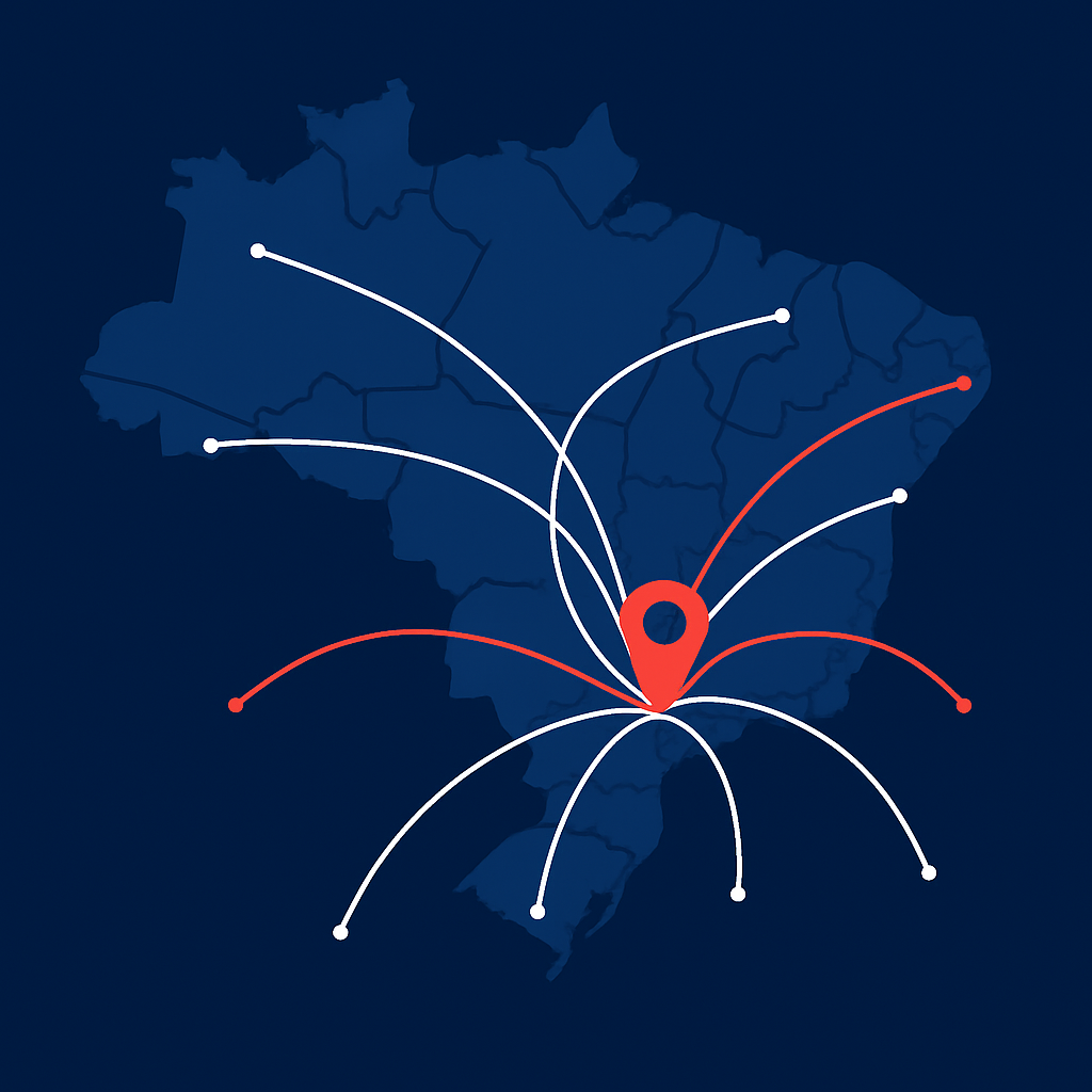Mapa do Brasil com rotas logísticas partindo de Mococa-SP para todo o país